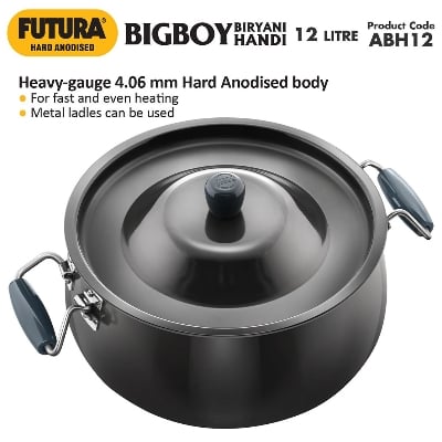 Picture of Hawkins Futura 12 Litre Bigboy Biryani Handi, Polished Hard Anodised Pot with Hard Anodised Lid, Sauce Pan for Cooking and Serving Biriyani